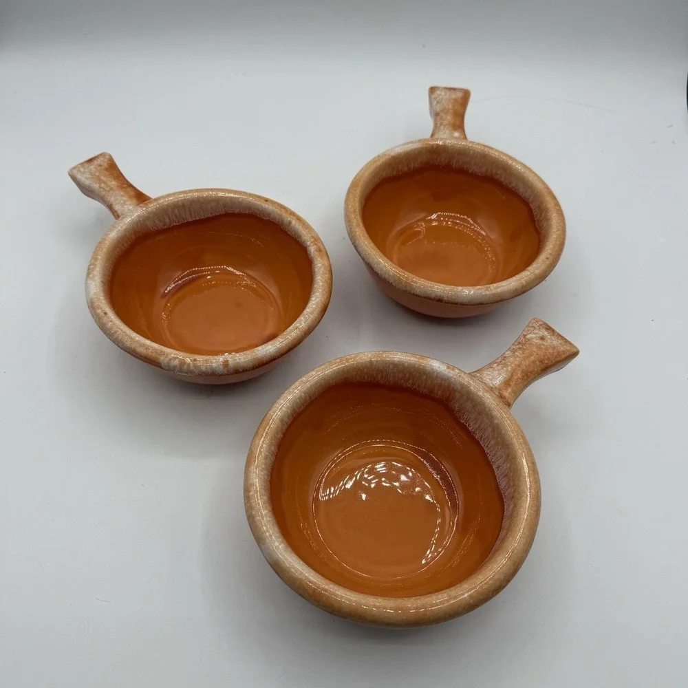 Vintage Set of 3 Hull Orange Tangerine Drip Glazed Chili Soup Bowls w/Handle USA